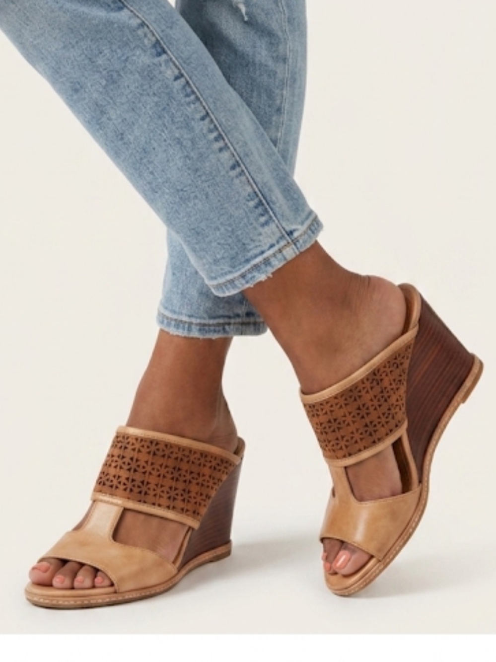 Trask perforated leather wood wedge sandals